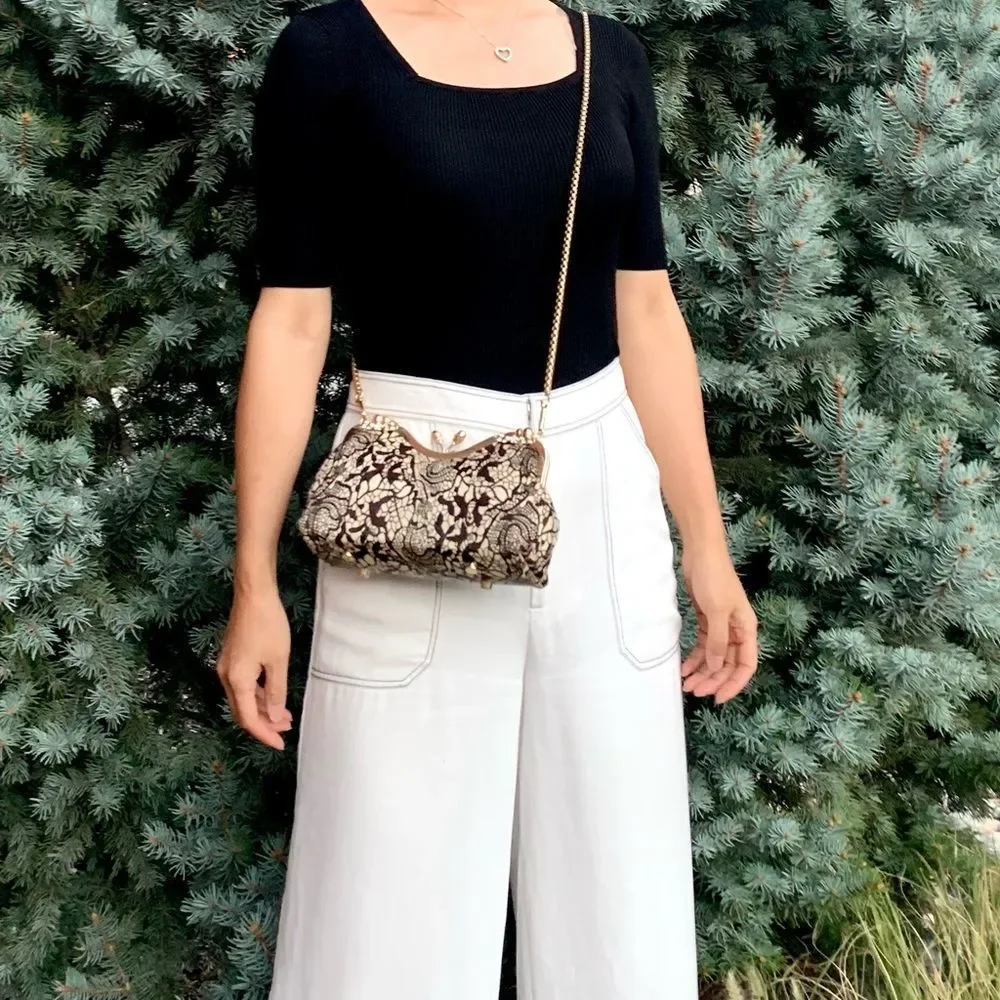 Handmade Real hair-on-horsehide Black Lace Print Kisslock Clutch/Crossbody - Picture 6 of 16